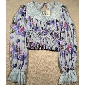 Free People Top Blouse Women Large Daphne Blue Floral Lace Smocked Cropped Boho‎